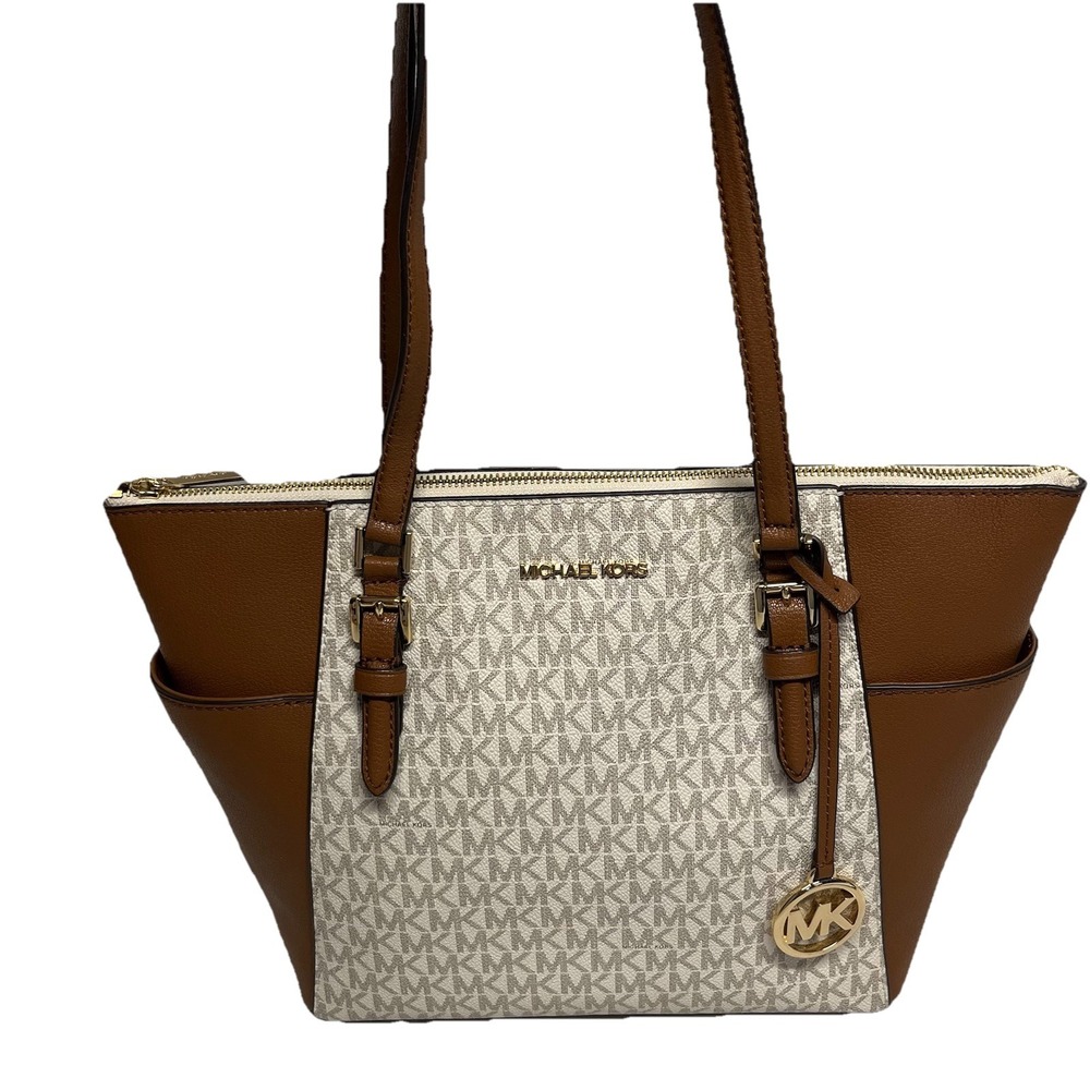 Michael Kors Charlotte Logo Vanilla Canvas Brown Leather Top Zip Tote Bag Purse
